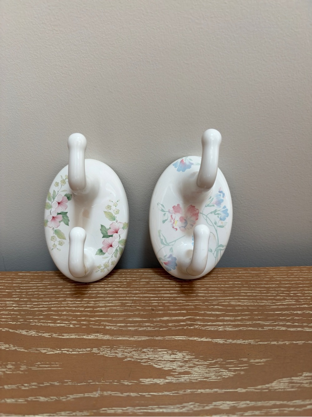 Source Unknown White Ceramic Double Floral Wall Hooks - Pink & Blue Accents
